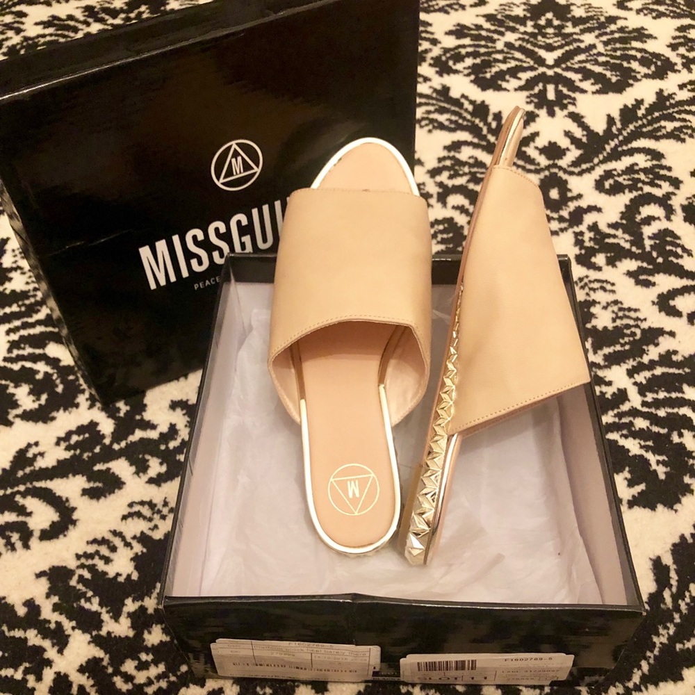 Misguided Nude & Gold Stud Leather Slides